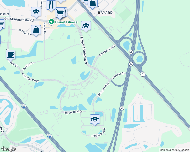 map of restaurants, bars, coffee shops, grocery stores, and more near 13490 Gran Bay Parkway in Jacksonville