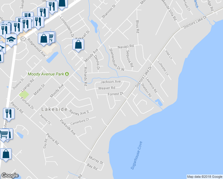 map of restaurants, bars, coffee shops, grocery stores, and more near 5496 Weaver Road in Orange Park