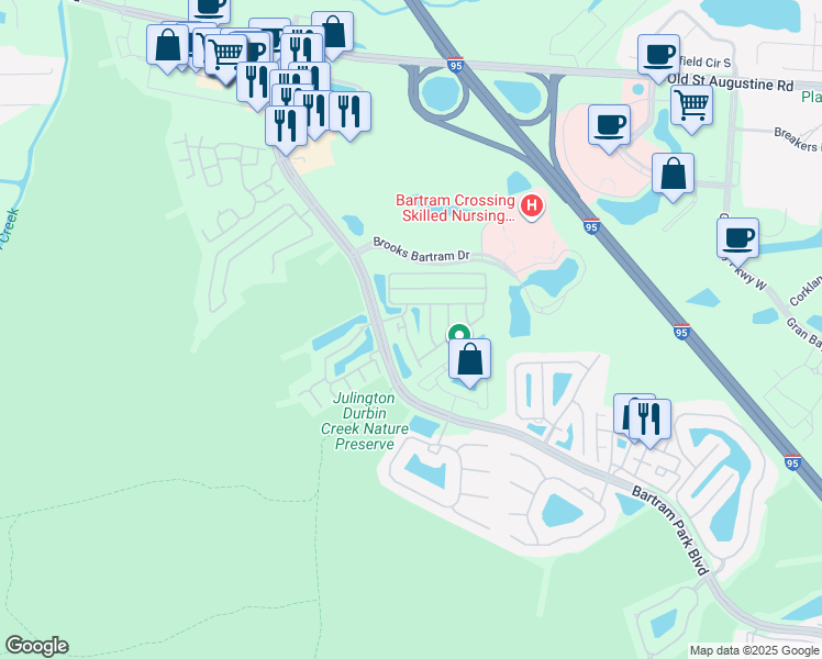 map of restaurants, bars, coffee shops, grocery stores, and more near 13025 Shallowater Road in Jacksonville