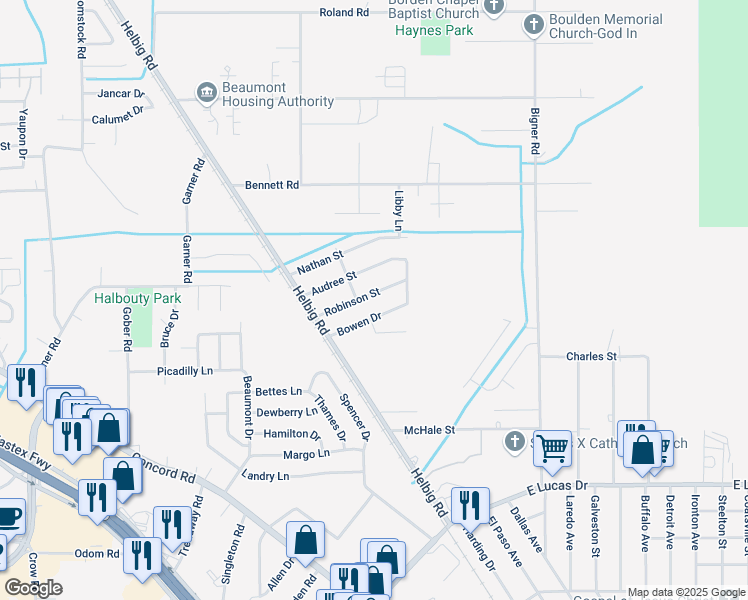 map of restaurants, bars, coffee shops, grocery stores, and more near 3730 Bowen Drive in Beaumont