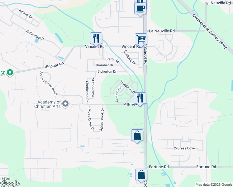 map of restaurants, bars, coffee shops, grocery stores, and more near Lambton Drive in Lafayette
