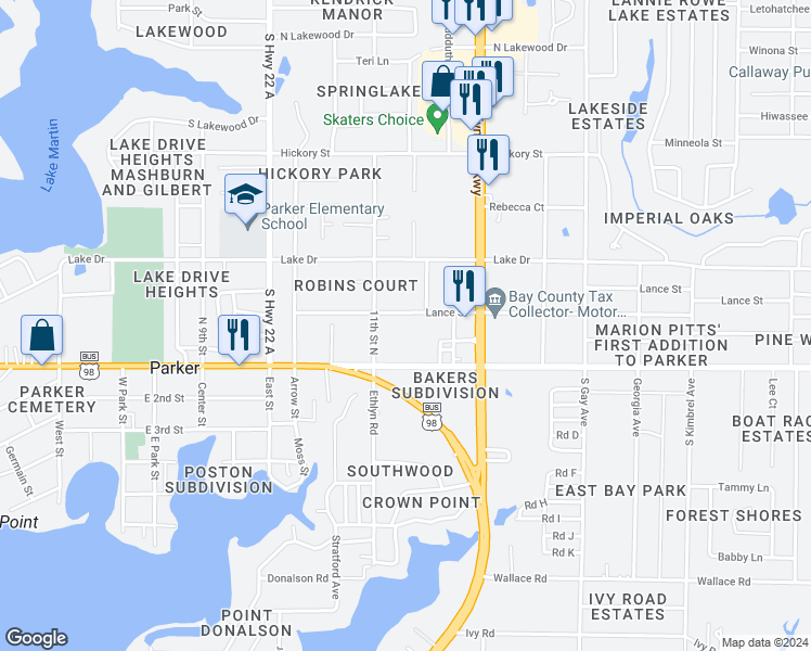 map of restaurants, bars, coffee shops, grocery stores, and more near 5410 Lance Street in Panama City