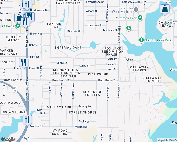 map of restaurants, bars, coffee shops, grocery stores, and more near 6313 Pridgen Street in Panama City