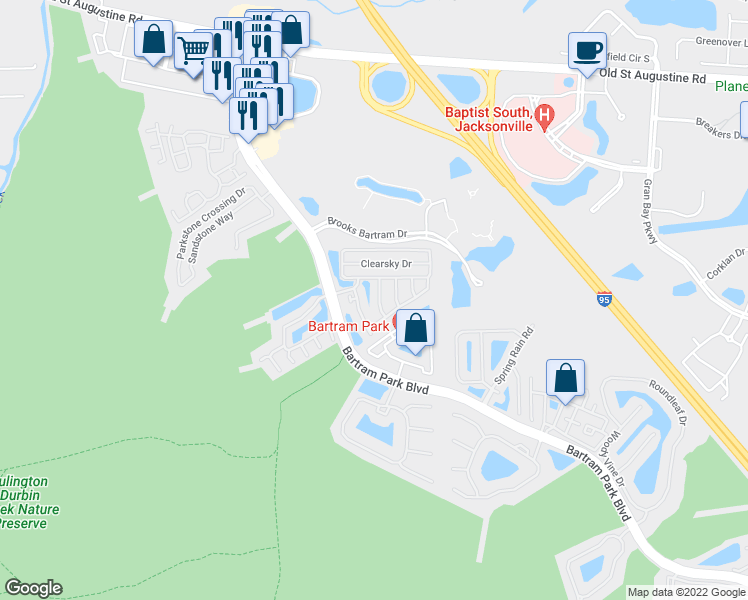 map of restaurants, bars, coffee shops, grocery stores, and more near 13024 Sunset Lake Drive in Jacksonville