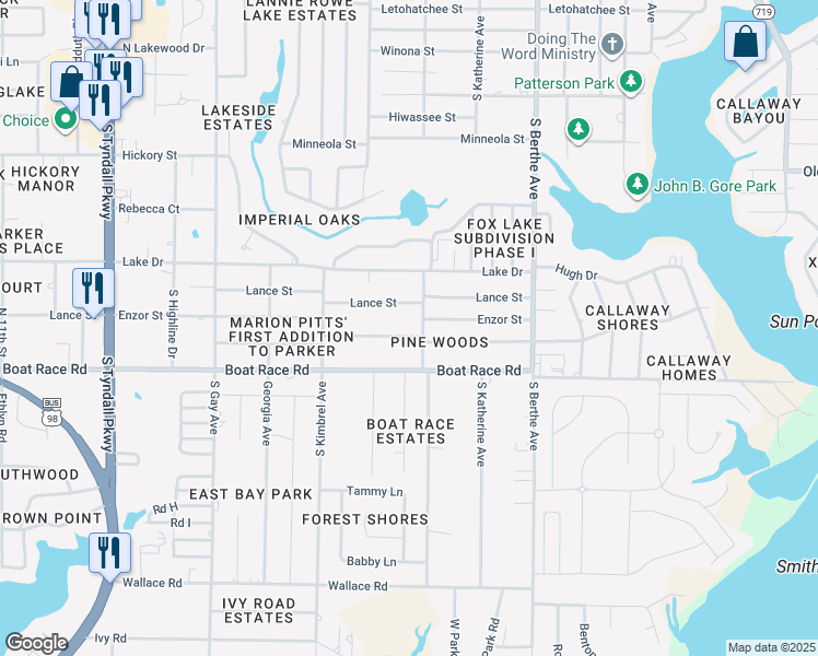 map of restaurants, bars, coffee shops, grocery stores, and more near 6325 Pridgen Street in Panama City