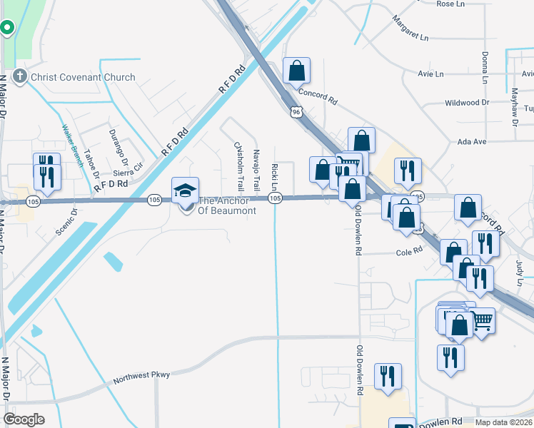 map of restaurants, bars, coffee shops, grocery stores, and more near 6245 Texas 105 in Beaumont