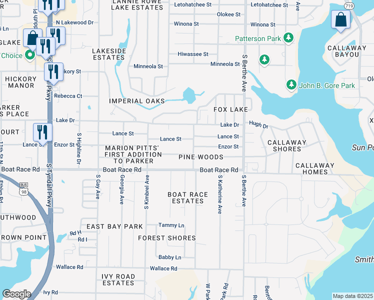 map of restaurants, bars, coffee shops, grocery stores, and more near 6322 Pridgen Street in Panama City