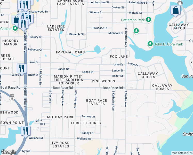 map of restaurants, bars, coffee shops, grocery stores, and more near 6322 Pridgen Street in Panama City