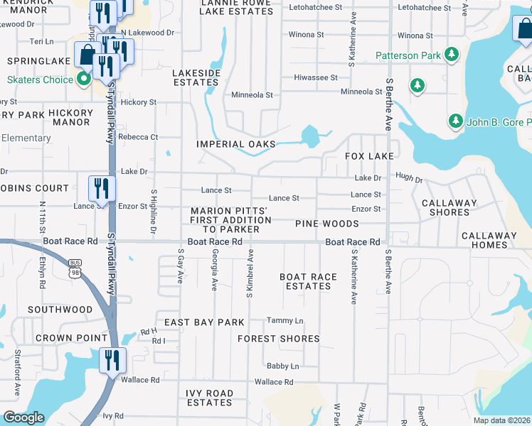 map of restaurants, bars, coffee shops, grocery stores, and more near 6213 Pridgen Street in Panama City