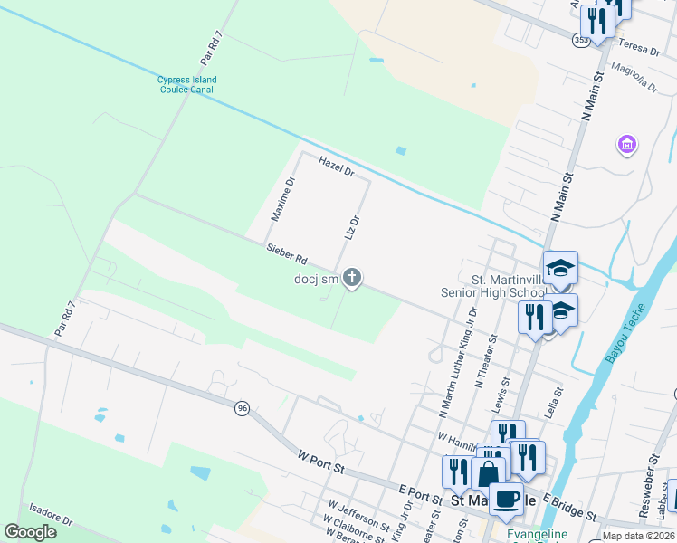 map of restaurants, bars, coffee shops, grocery stores, and more near 1122 Sieber Road in Saint Martinville