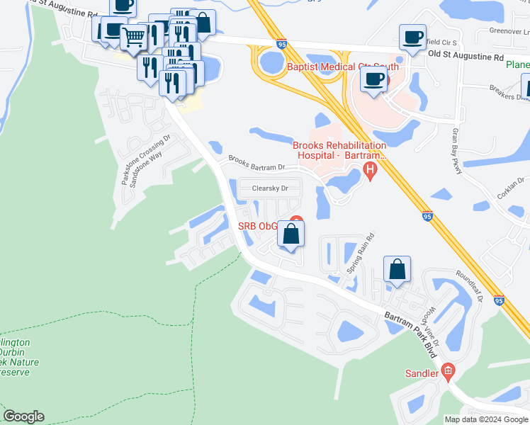 map of restaurants, bars, coffee shops, grocery stores, and more near 13023 Sunset Lake Drive in Jacksonville