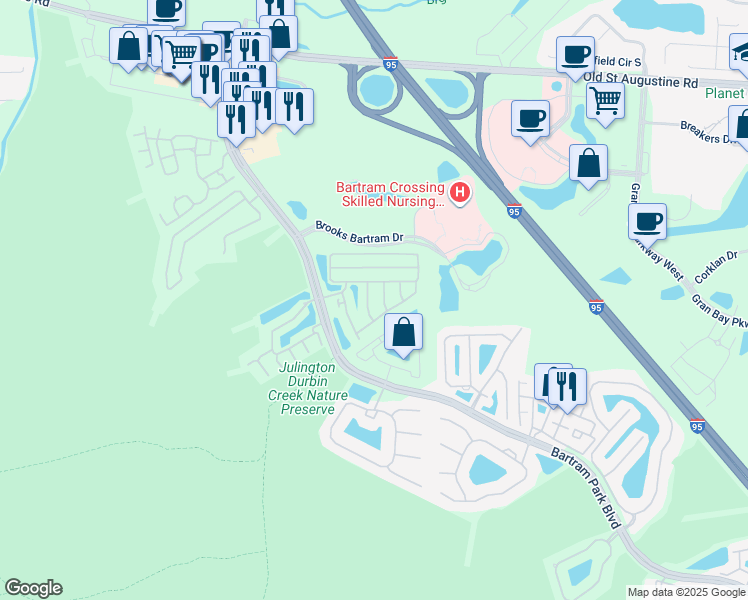 map of restaurants, bars, coffee shops, grocery stores, and more near 13019 Sunset Lake Drive in Jacksonville