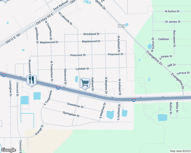 map of restaurants, bars, coffee shops, grocery stores, and more near 485 Oakland Street in Vidor