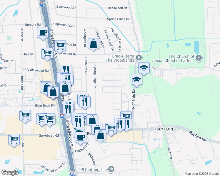 map of restaurants, bars, coffee shops, grocery stores, and more near 422 Spindle Ridge Drive in Spring