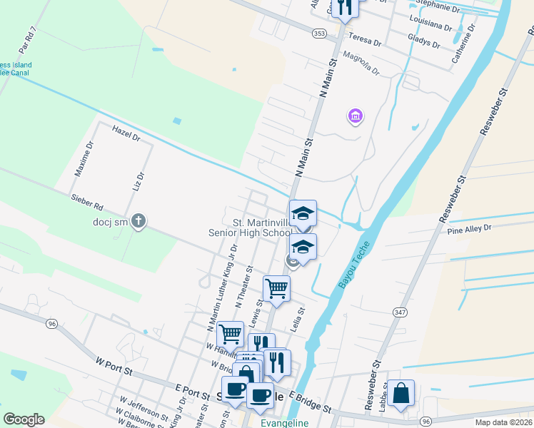 map of restaurants, bars, coffee shops, grocery stores, and more near 221 Gauthier Street in Saint Martinville
