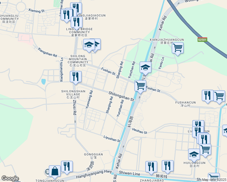 map of restaurants, bars, coffee shops, grocery stores, and more near Shan Jing Lu in Hang Zhou Shi