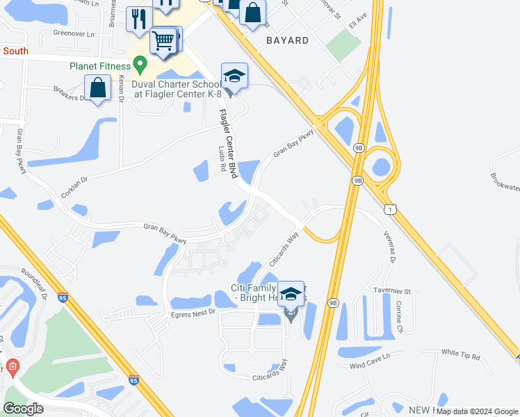 map of restaurants, bars, coffee shops, grocery stores, and more near 13490 Gran Bay Parkway in Jacksonville