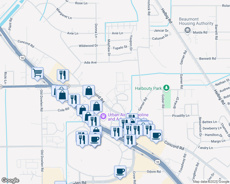 map of restaurants, bars, coffee shops, grocery stores, and more near 6450 Concord Road in Beaumont