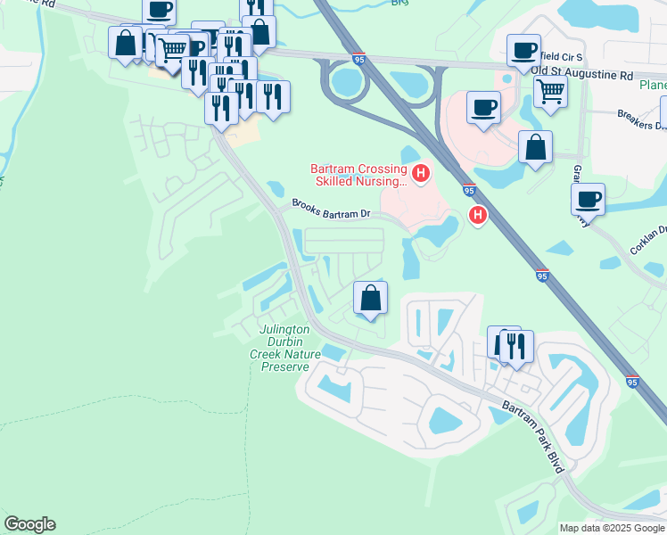 map of restaurants, bars, coffee shops, grocery stores, and more near 13014 Sunset Lake Drive in Jacksonville