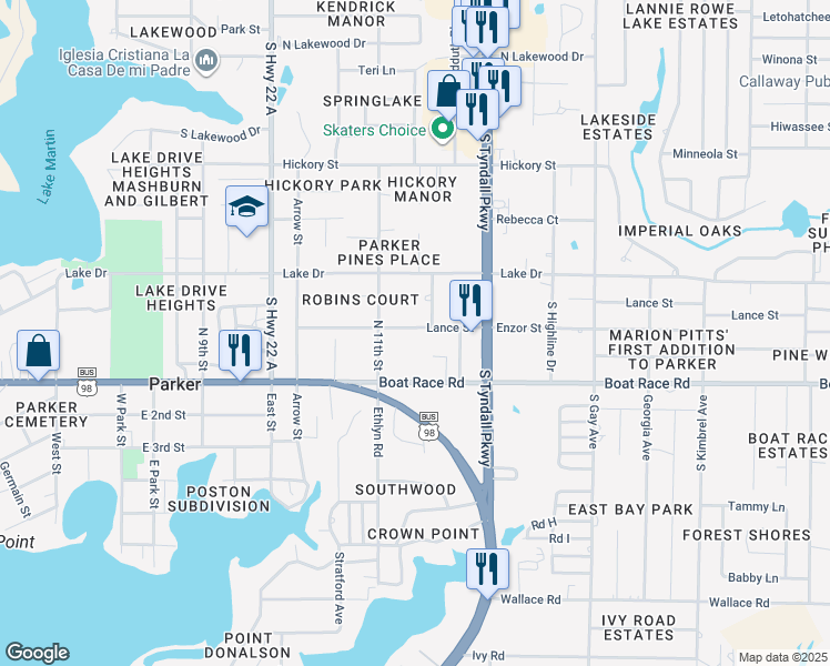 map of restaurants, bars, coffee shops, grocery stores, and more near 5412 Lance Street in Panama City