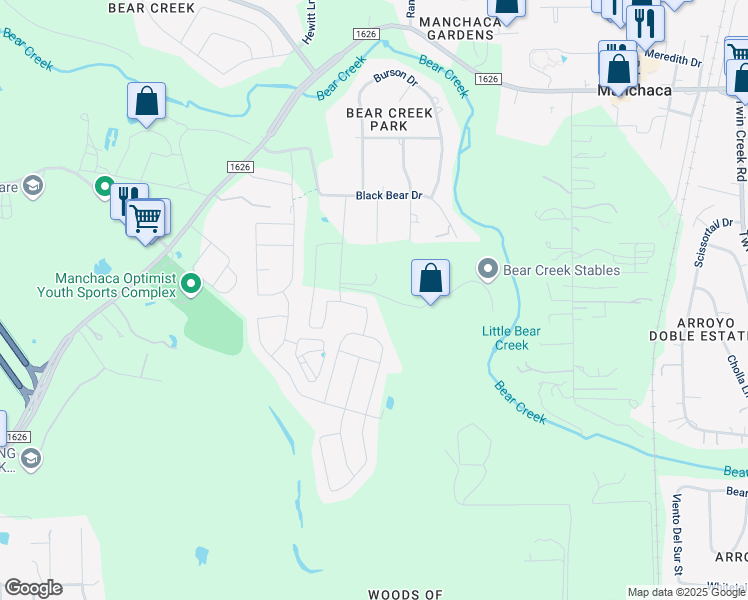 map of restaurants, bars, coffee shops, grocery stores, and more near 1604 Koala Street in Manchaca