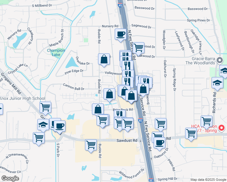 map of restaurants, bars, coffee shops, grocery stores, and more near 25469 Borough Park Drive in Spring