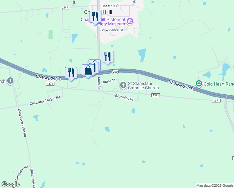 map of restaurants, bars, coffee shops, grocery stores, and more near 9111 Farm to Market 1371 in Chappell Hill