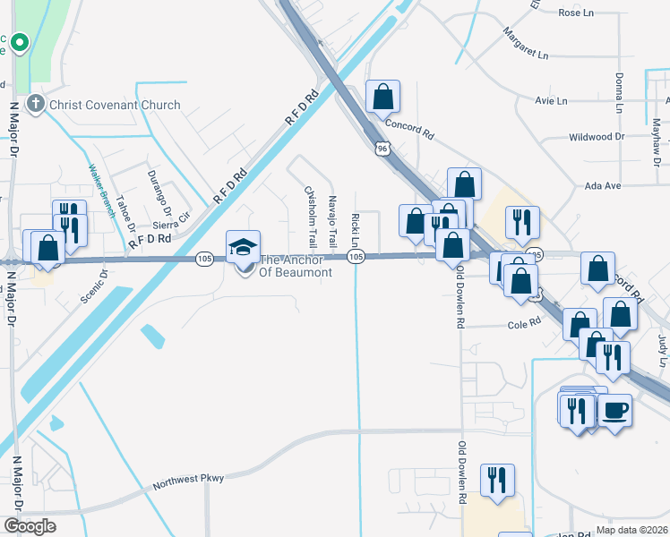 map of restaurants, bars, coffee shops, grocery stores, and more near 5910 Navajo Trail in Beaumont