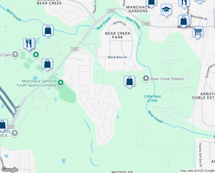 map of restaurants, bars, coffee shops, grocery stores, and more near 1624 Koala Street in Manchaca