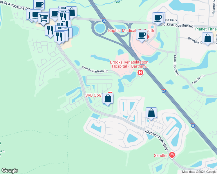map of restaurants, bars, coffee shops, grocery stores, and more near 13005 Springs Manor Drive in Jacksonville