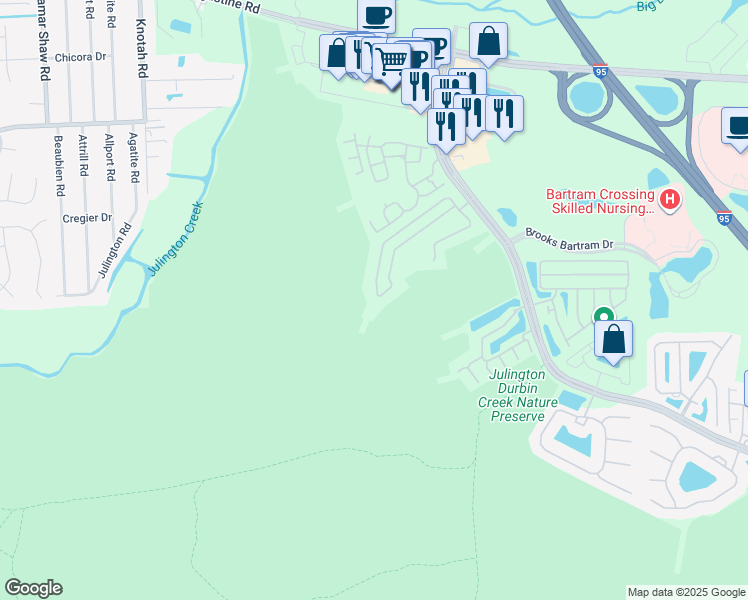 map of restaurants, bars, coffee shops, grocery stores, and more near 5649 Parkstone Crossing Drive in Jacksonville