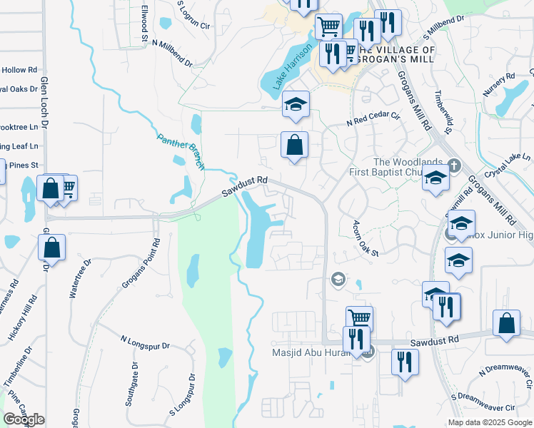 map of restaurants, bars, coffee shops, grocery stores, and more near 2495 Sawdust Road in The Woodlands