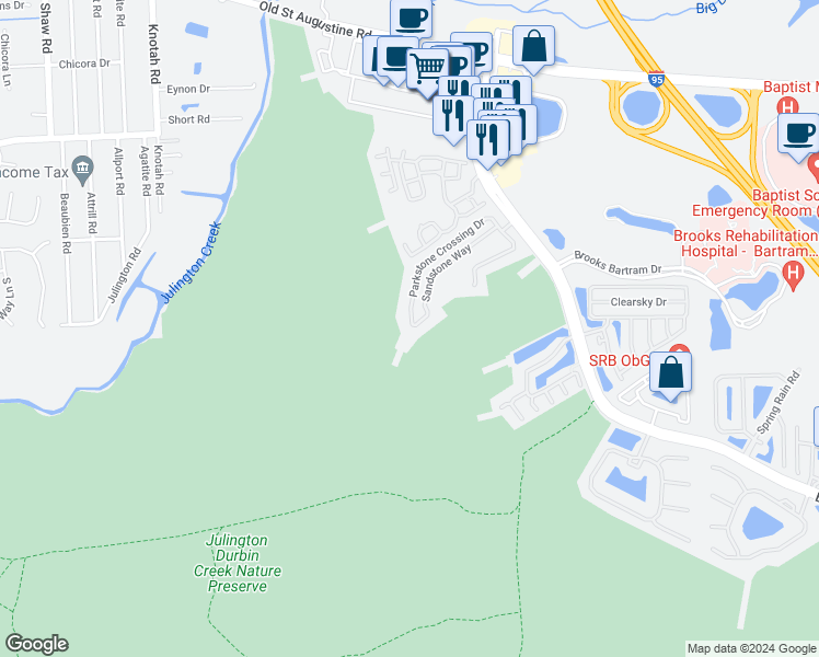 map of restaurants, bars, coffee shops, grocery stores, and more near 5649 Parkstone Crossing Drive in Jacksonville