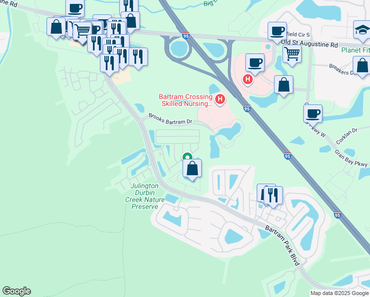 map of restaurants, bars, coffee shops, grocery stores, and more near 13007 Surfside Drive in Jacksonville
