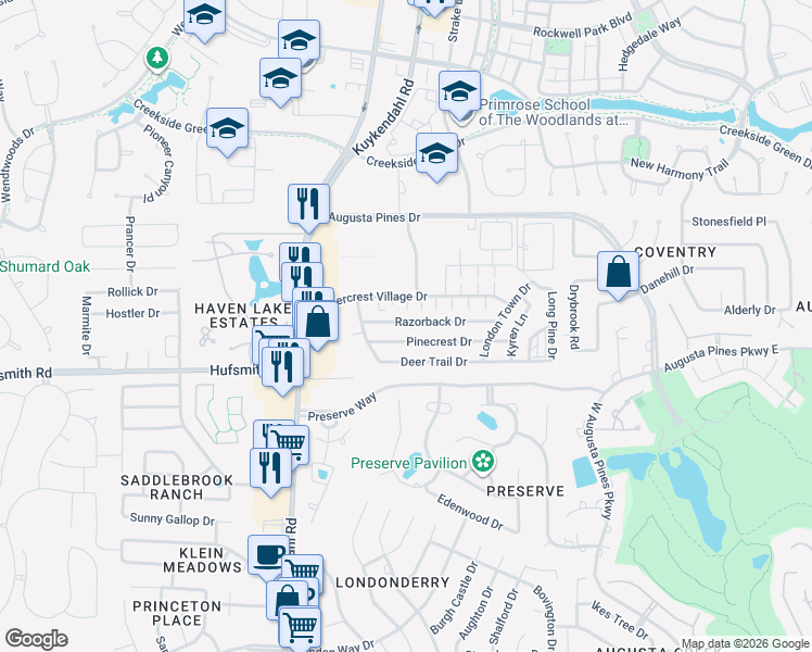 map of restaurants, bars, coffee shops, grocery stores, and more near 8323 Timbercrest Village Drive in Spring