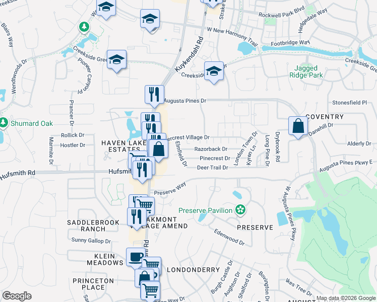 map of restaurants, bars, coffee shops, grocery stores, and more near 8323 Timbercrest Village Drive in Spring