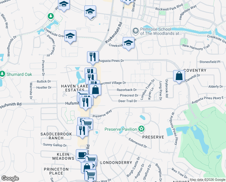 map of restaurants, bars, coffee shops, grocery stores, and more near 8323 Timbercrest Village Drive in Spring