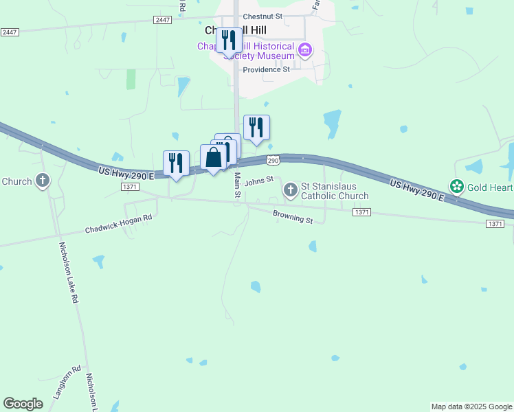 map of restaurants, bars, coffee shops, grocery stores, and more near 9111 Farm to Market 1371 in Chappell Hill