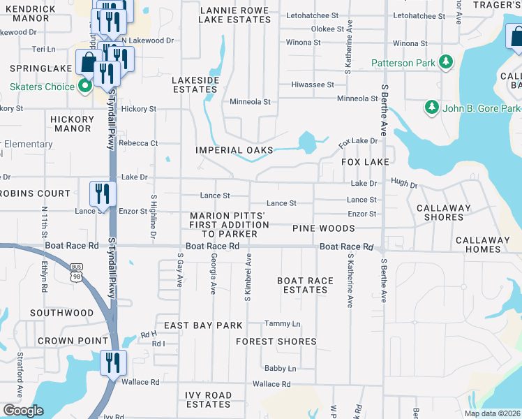map of restaurants, bars, coffee shops, grocery stores, and more near 6201 Lance Street in Panama City