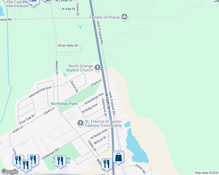 map of restaurants, bars, coffee shops, grocery stores, and more near 4733 Jack South Island Road in Orange