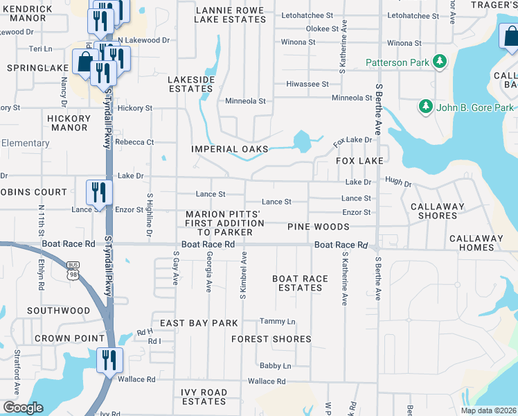 map of restaurants, bars, coffee shops, grocery stores, and more near 6201 Lance Street in Panama City