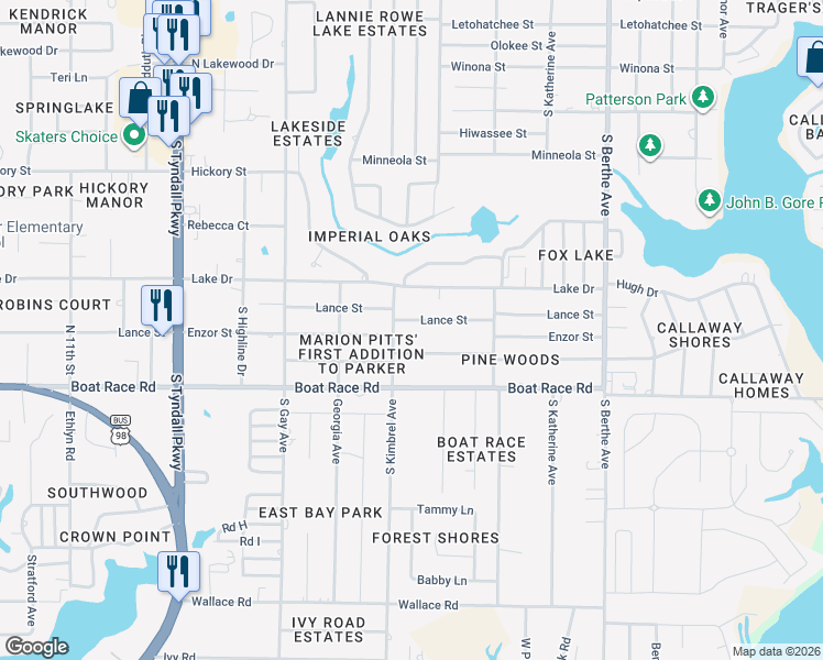 map of restaurants, bars, coffee shops, grocery stores, and more near 6201 Lance Street in Panama City