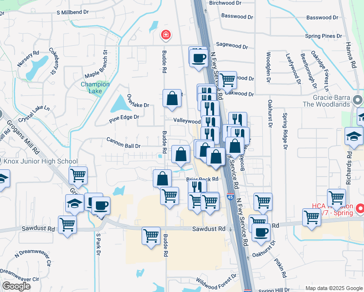 map of restaurants, bars, coffee shops, grocery stores, and more near 315 Valley Wood Drive in The Woodlands