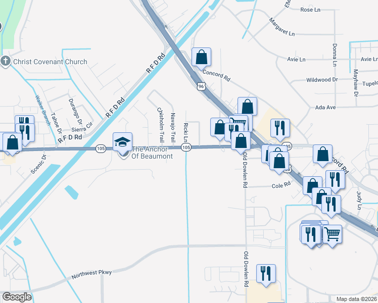 map of restaurants, bars, coffee shops, grocery stores, and more near 5910 Navajo Trail in Beaumont