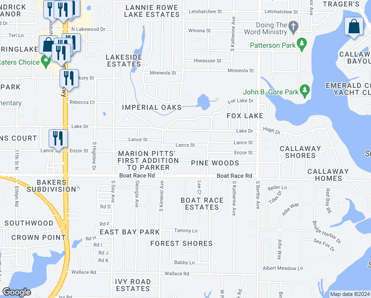 map of restaurants, bars, coffee shops, grocery stores, and more near 6308 Lance Street in Panama City