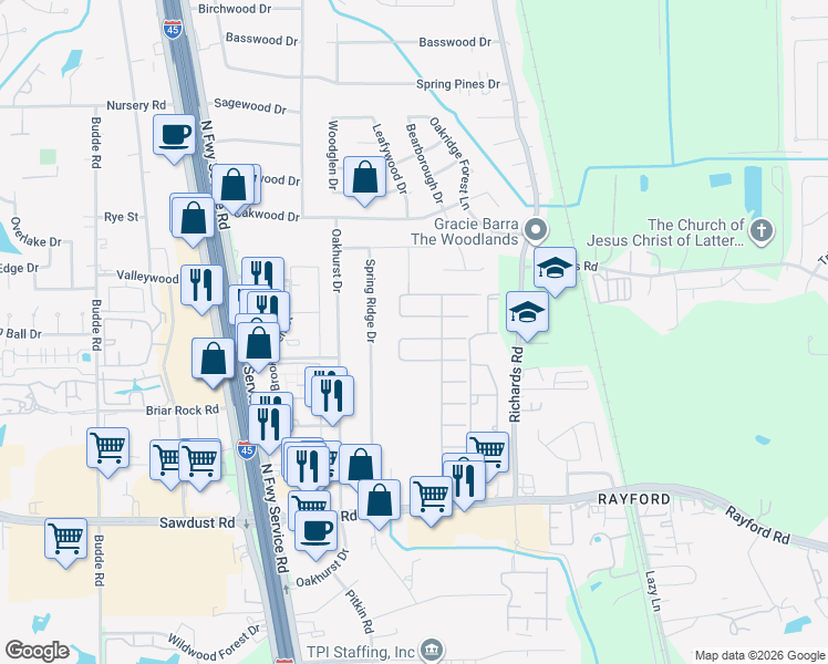 map of restaurants, bars, coffee shops, grocery stores, and more near 422 Carson Ridge Drive in Spring