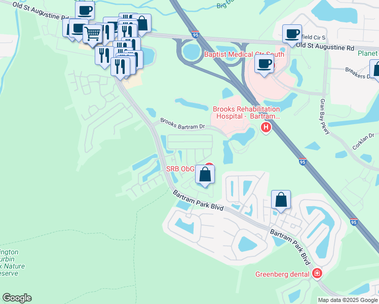 map of restaurants, bars, coffee shops, grocery stores, and more near 12999 Sunset Lake Drive in Jacksonville
