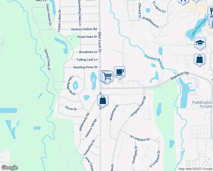 map of restaurants, bars, coffee shops, grocery stores, and more near 3126 Sawdust Road in The Woodlands