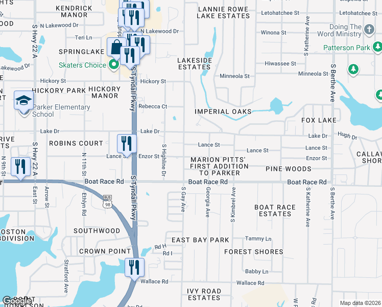 map of restaurants, bars, coffee shops, grocery stores, and more near 5910 Lance Street in Panama City