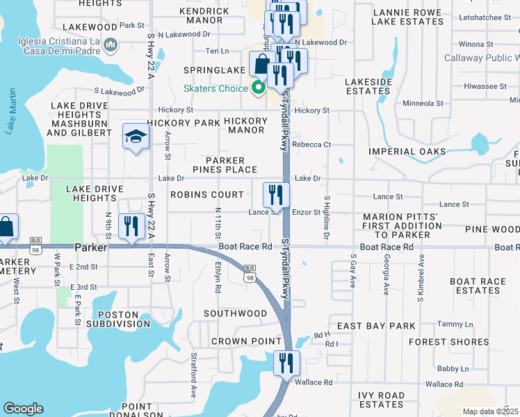 map of restaurants, bars, coffee shops, grocery stores, and more near 5419 Lance Street in Panama City